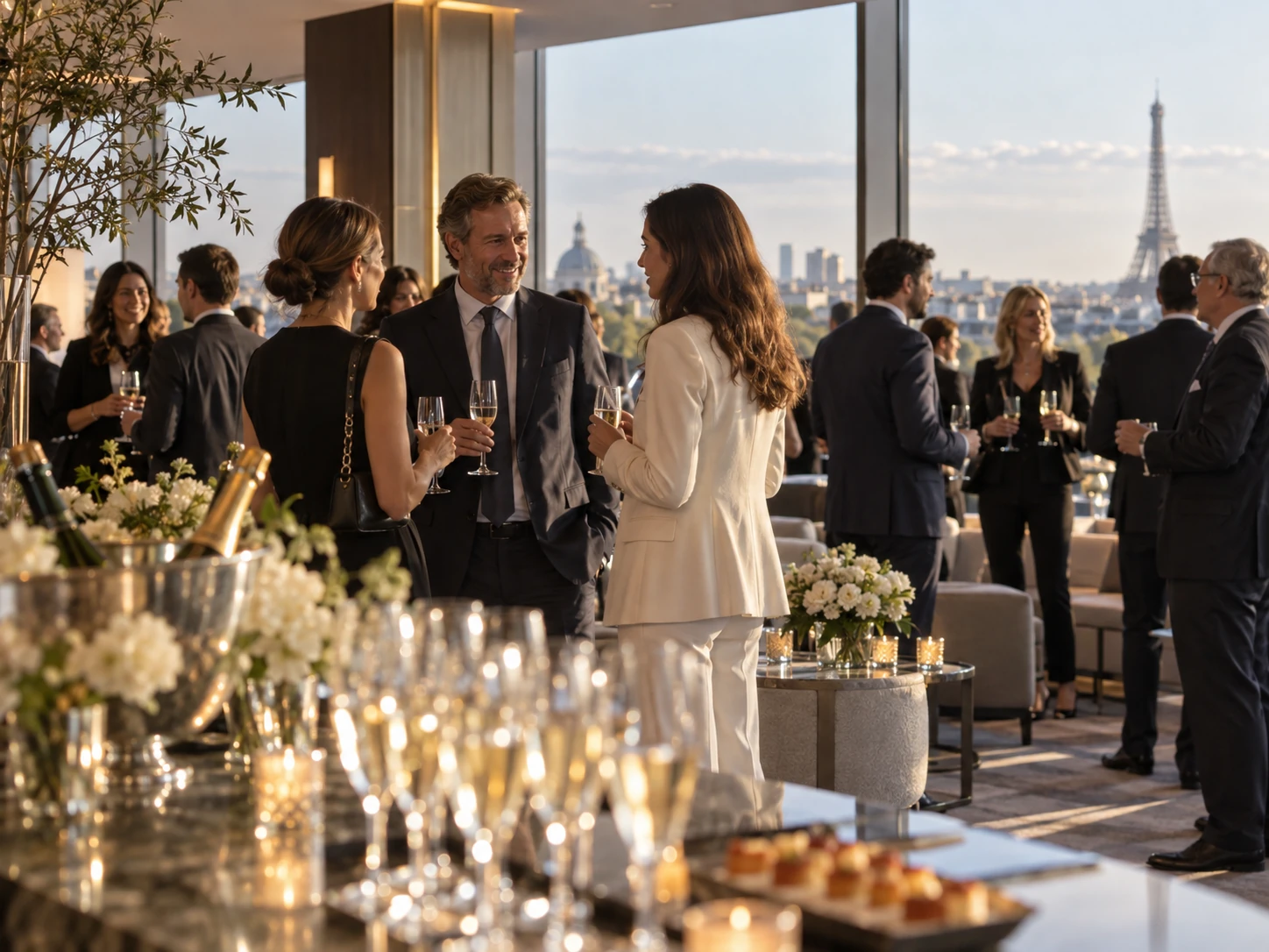Invités échangeant lors d’un cocktail dans un lieu parisien lumineux